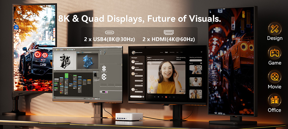 GEEKOM A8 Max AI Mini-PC, AMD Ryzen 7 8845HS 8 Core Max 5,1 GHz, 32 GB RAM, 1 TB SSD, 2 * USB4 + 2 * HDMI2.0 8K Quad-Displays, WiFi 6E Bluetooth 5.2, Dual 2,5G LAN, 5 * USB3.2, 1 * USB2.0, 1 * SD-Kartenleser, 1 * 3,5 mm Audiobuchse, IceBlast 2.0 K&uuml;hlsystem