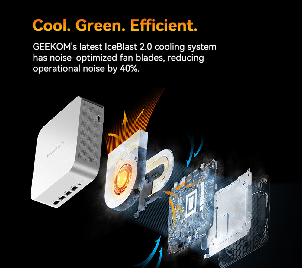 GEEKOM A8 Max AI Mini-PC, AMD Ryzen 7 8845HS 8 Core Max 5,1 GHz, 32 GB RAM, 1 TB SSD, 2 * USB4 + 2 * HDMI2.0 8K Quad-Displays, WiFi 6E Bluetooth 5.2, Dual 2,5G LAN, 5 * USB3.2, 1 * USB2.0, 1 * SD-Kartenleser, 1 * 3,5 mm Audiobuchse, IceBlast 2.0 K&uuml;hlsystem