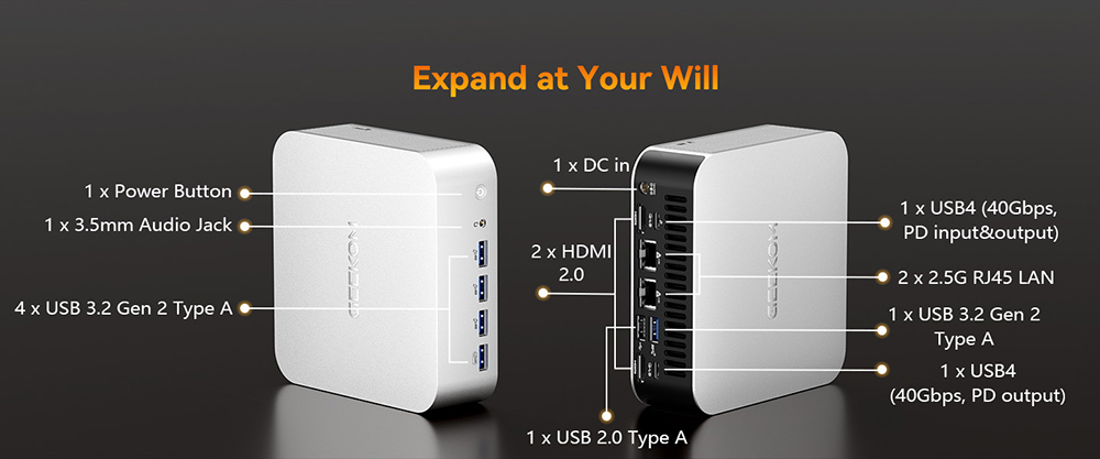 GEEKOM A8 Max AI Mini-PC, AMD Ryzen 7 8845HS 8 Core Max 5,1 GHz, 32 GB RAM, 1 TB SSD, 2 * USB4 + 2 * HDMI2.0 8K Quad-Displays, WiFi 6E Bluetooth 5.2, Dual 2,5G LAN, 5 * USB3.2, 1 * USB2.0, 1 * SD-Kartenleser, 1 * 3,5 mm Audiobuchse, IceBlast 2.0 K&uuml;hlsystem