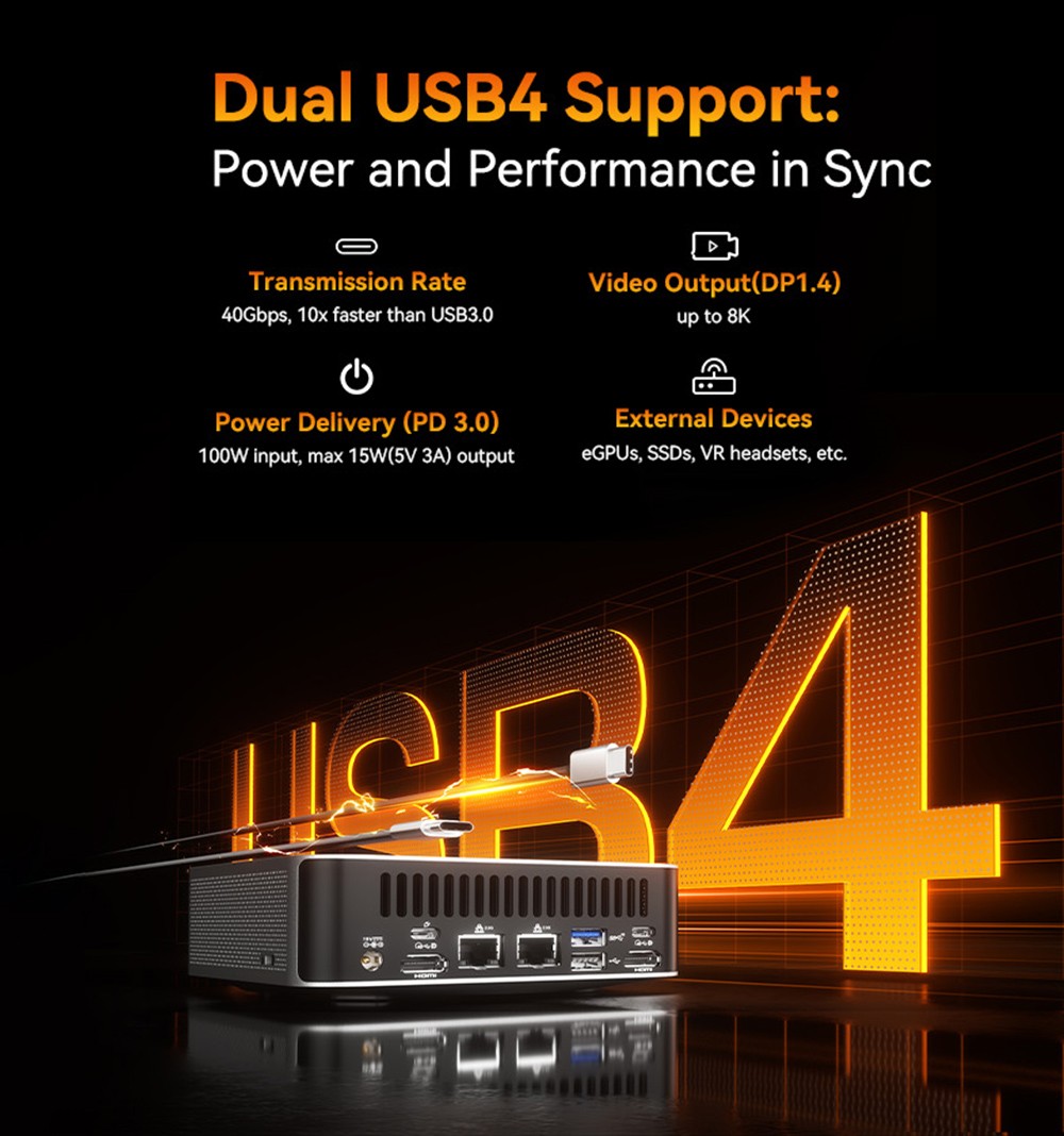 GEEKOM A8 Max AI Mini-PC, AMD Ryzen 7 8845HS 8 Core Max 5,1 GHz, 32 GB RAM, 1 TB SSD, 2 * USB4 + 2 * HDMI2.0 8K Quad-Displays, WiFi 6E Bluetooth 5.2, Dual 2,5G LAN, 5 * USB3.2, 1 * USB2.0, 1 * SD-Kartenleser, 1 * 3,5 mm Audiobuchse, IceBlast 2.0 K&uuml;hlsystem