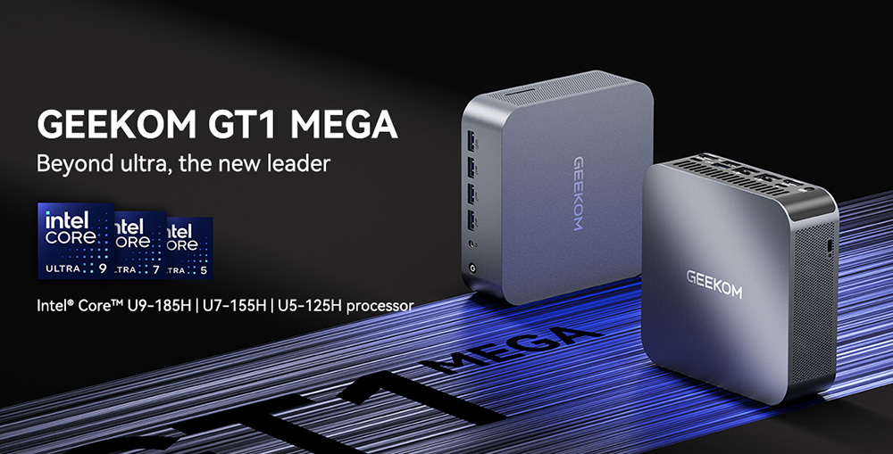 GEEKOM GT1 Mega AI Mini PC, Intel Core Ultra 5-125H 14 Cores Max 4.5GHz, 32GB RAM 1TB SSD, 2*HDMI + 2*USB 4.0 Four Screen Display, WiFi 7 Bluetooth 5.4, 5*USB3.2 Type-A, 1*USB2.0, 2*2.5Gbps RJ45, 1*SD Card Slot, 1*Headset Jack - US Plug