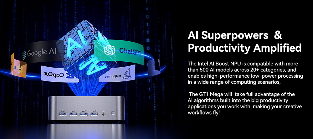 GEEKOM GT1 Mega AI Mini PC, Intel Core Ultra 5-125H 14 Cores Max 4.5GHz, 32GB RAM 1TB SSD, 2*HDMI + 2*USB 4.0 Four Screen Display, WiFi 7 Bluetooth 5.4, 5*USB3.2 Type-A, 1*USB2.0, 2*2.5Gbps RJ45, 1*SD Card Slot, 1*Headset Jack - US Plug