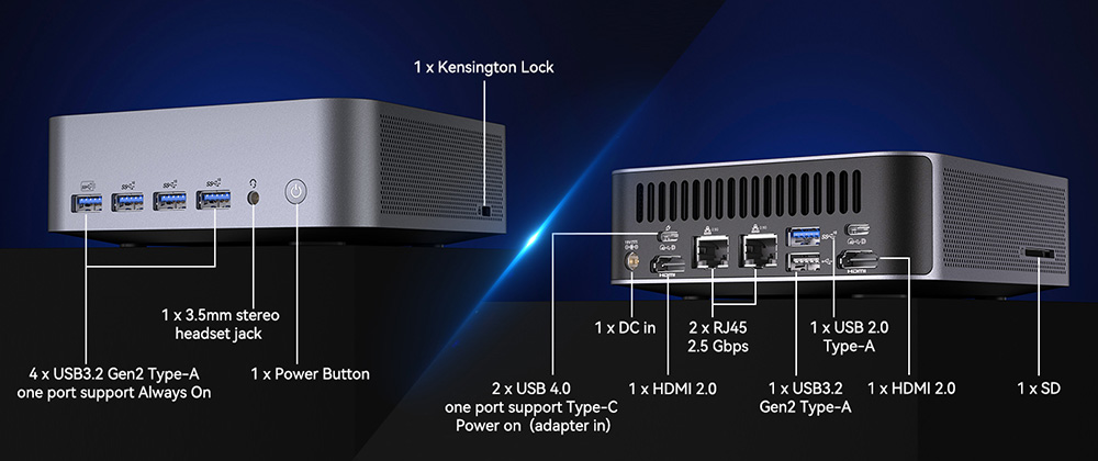 GEEKOM GT1 Mega AI Mini PC, Intel Core Ultra 5-125H 14 Cores Max 4.5GHz, 32GB RAM 1TB SSD, 2*HDMI + 2*USB 4.0 Four Screen Display, WiFi 7 Bluetooth 5.4, 5*USB3.2 Type-A, 1*USB2.0, 2*2.5Gbps RJ45, 1*SD Card Slot, 1*Headset Jack - US Plug