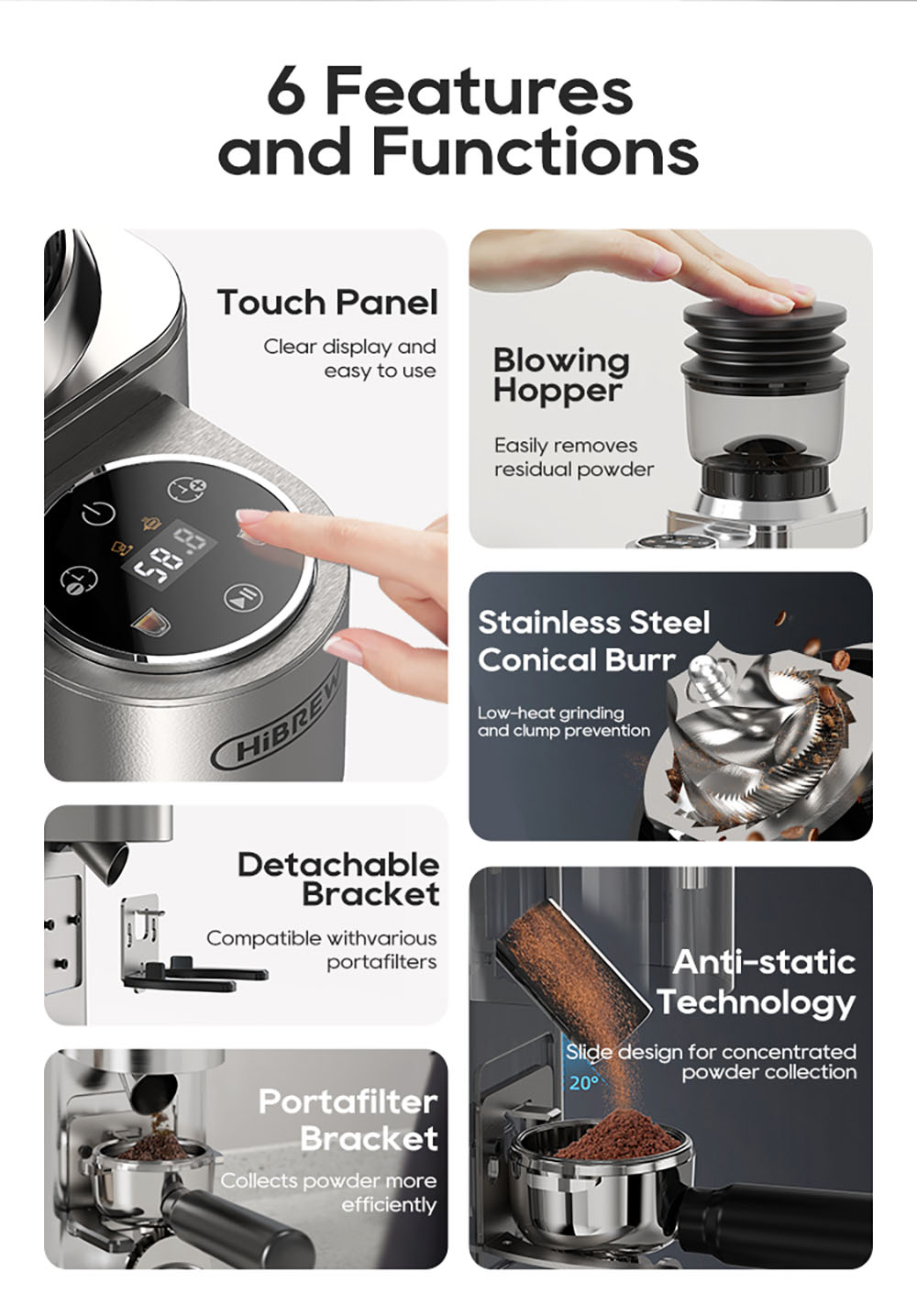 HiBREW G7 Kaffeem&uuml;hle, 48 Mahlgradeinstellungen, Antistatik-Technologie, konisches Mahlwerk aus Edelstahl, Touchpanel, kompatibel mit 51/54/58 mm Siebtr&auml;gern, freih&auml;ndiges Kaffeemahlen