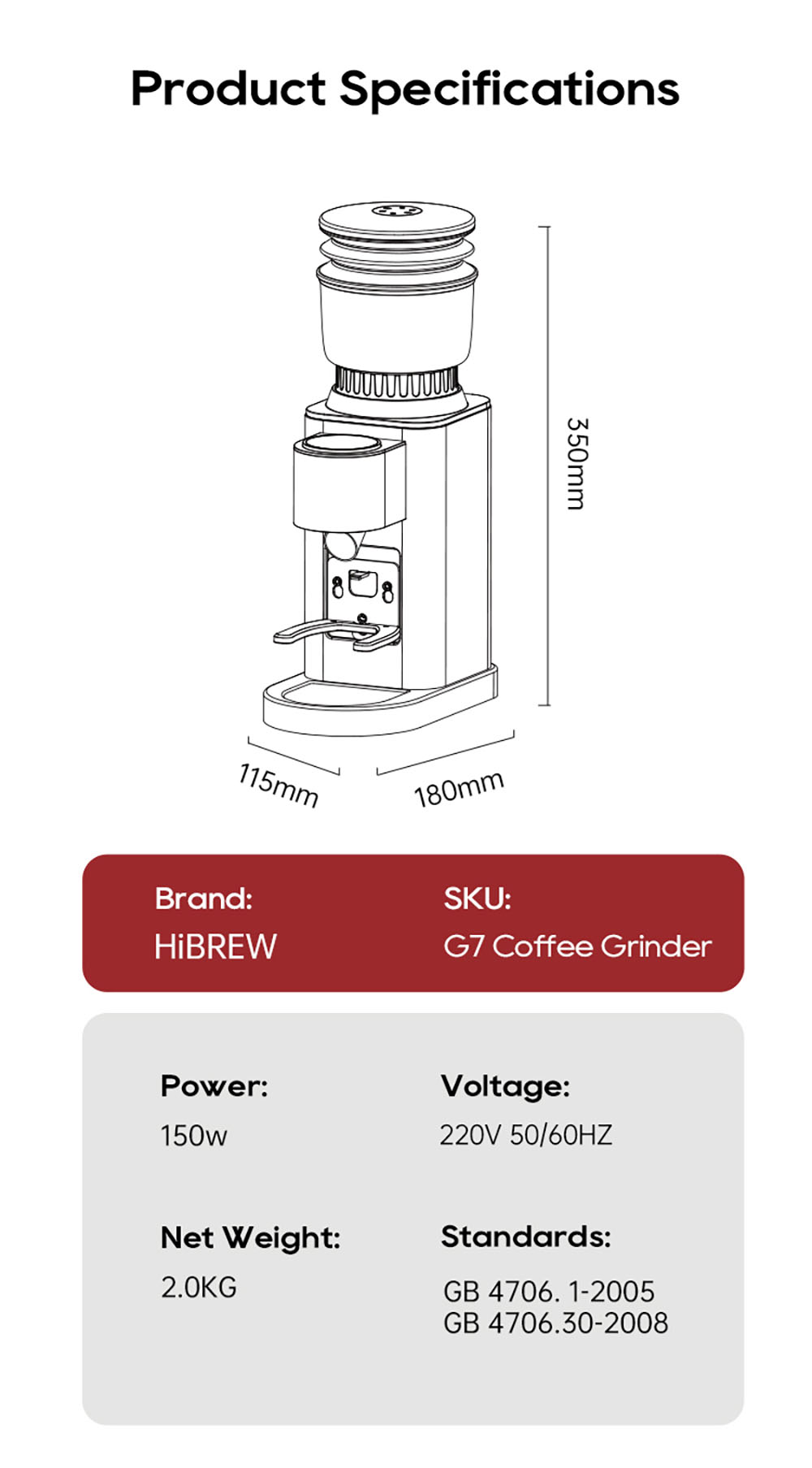 HiBREW G7 Kaffeem&uuml;hle, 48 Mahlgradeinstellungen, Antistatik-Technologie, konisches Mahlwerk aus Edelstahl, Touchpanel, kompatibel mit 51/54/58 mm Siebtr&auml;gern, freih&auml;ndiges Kaffeemahlen