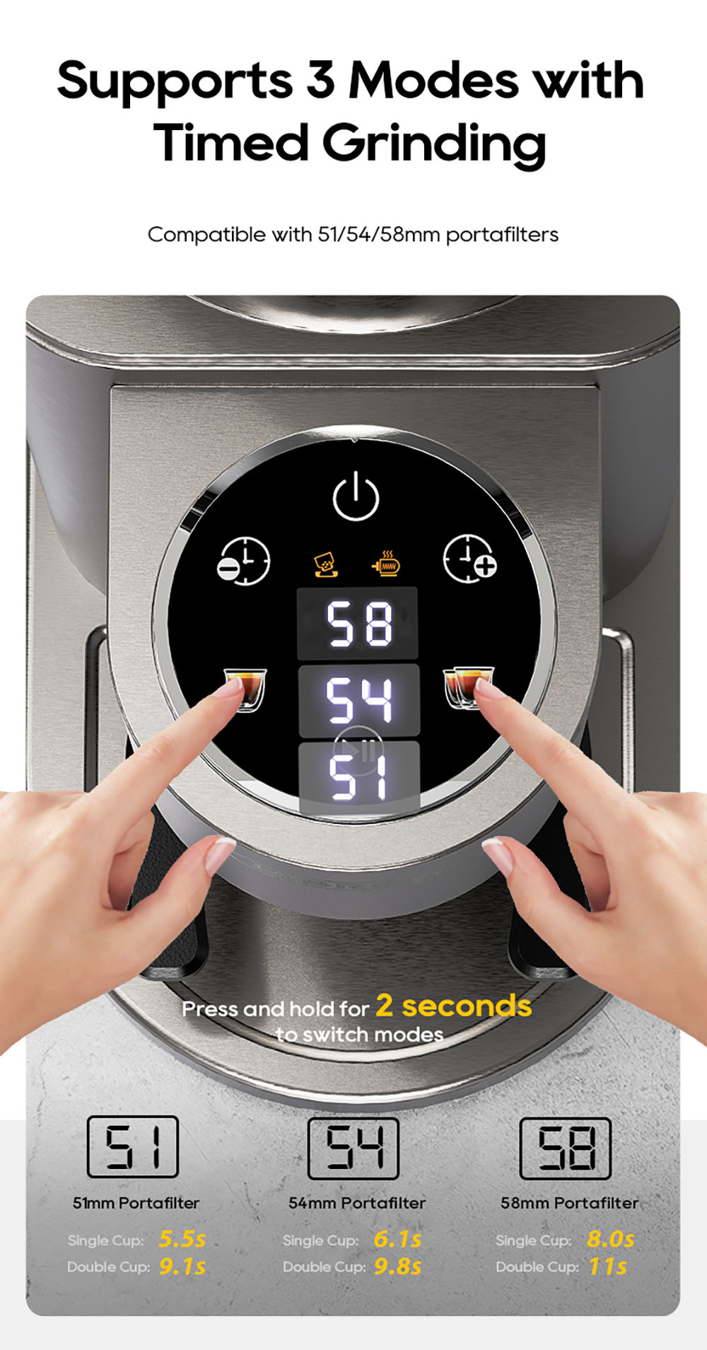 HiBREW G7 Kaffeem&uuml;hle, 48 Mahlgradeinstellungen, Antistatik-Technologie, konisches Mahlwerk aus Edelstahl, Touchpanel, kompatibel mit 51/54/58 mm Siebtr&auml;gern, freih&auml;ndiges Kaffeemahlen