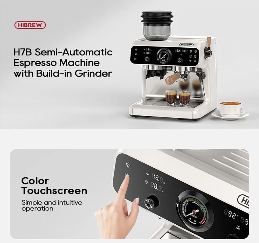 Espresso kávovar HiBREW H7B, systém duálního ohřevu, 58mm portafiltr, vestavěný mlýnek s 30 nastaveními velikosti, dotyková obrazovka, pro kavárnu Hotel Restaurant