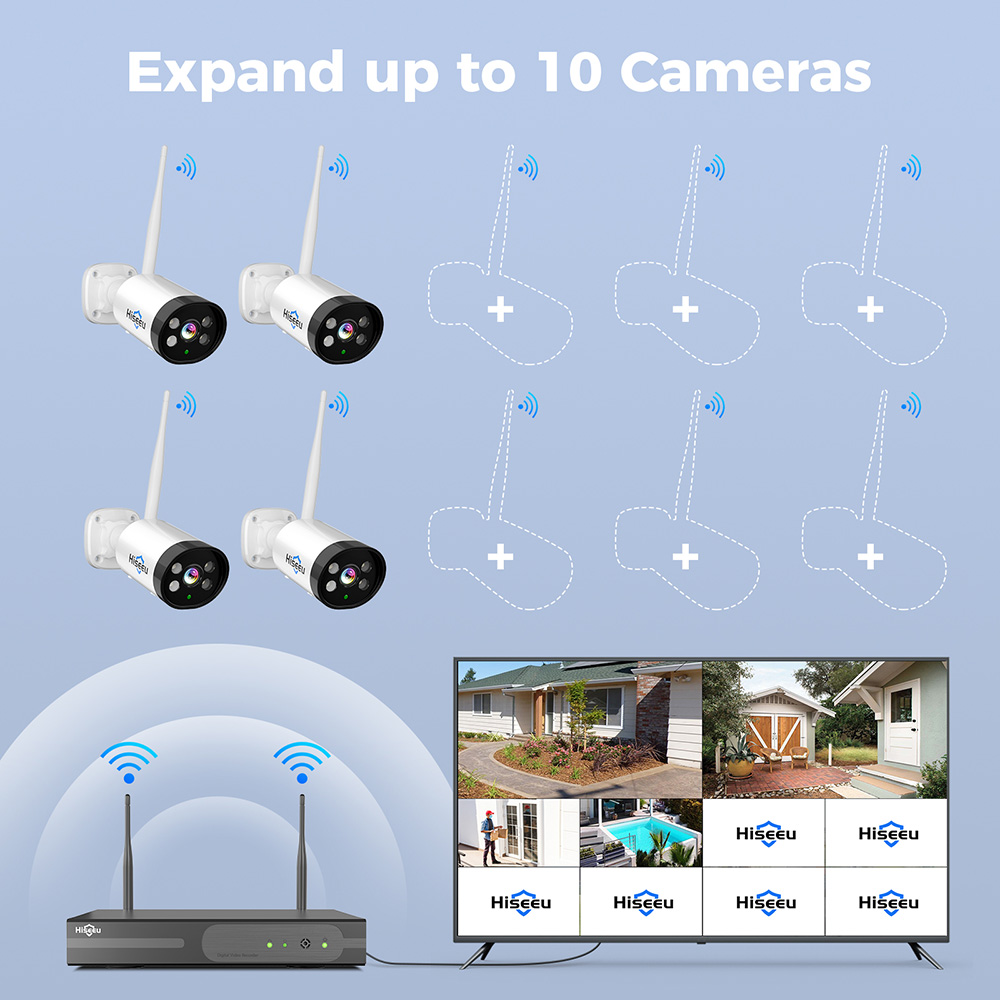 Hiseeu 10CH NVR 3MP WiFi Security System Kit, with 4 Cameras, Human Detection, IR Night Vision, 2-way Audio, IP66 Waterproof, Work with Alexa, No HDD