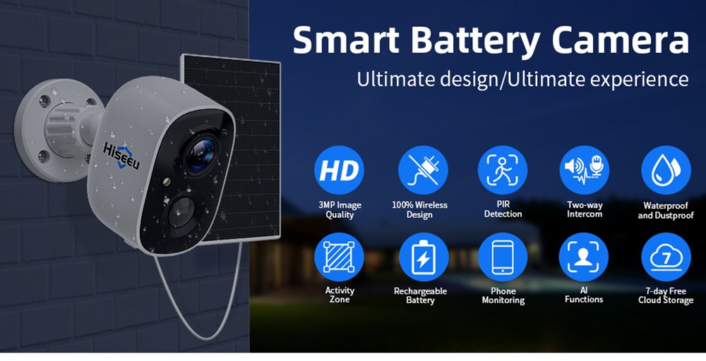 Hiseeu CG6-TZ 2K WiFi Surveillance Camera with Solar Panel, Battery Powered Wireless Outdoor Camera, 3MP Images