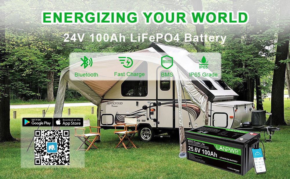 LANPWR 24V 100Ah Batterie LiFePO4 avec Bluetooth 5.0, 2&nbsp;560 Wh d'&eacute;nergie, plus de 4&nbsp;000 cycles profonds, BMS 100 A int&eacute;gr&eacute;