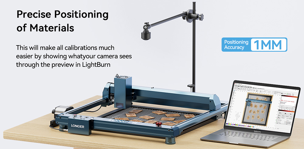 LONGER LightBurn Camera Kit for Laser Engravers, 5MP HD Precision Auto Positioning, Image Tracing, Work Preview, 740x560mm View Area