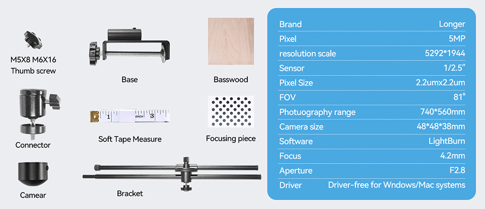 LONGER LightBurn Camera Kit for Laser Engravers, 5MP HD Precision Auto Positioning, Image Tracing, Work Preview, 740x560mm View Area