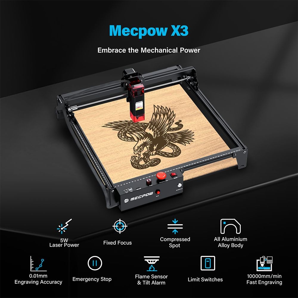 Refurbished Mecpow X3 5W Laser Engraving Machine With Safety Lock, Emergency Stop, Flame Detection, Gyroscope Sensor