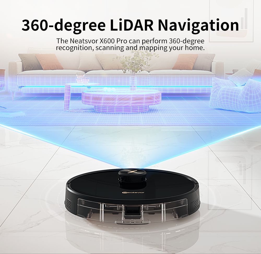 Neatsvor X600 Pro Robot Vacuum and Mop, 6000Pa Suction, LDS4.0 Laser Navigation, APP & Voice Control, 5200mAh Battery, 2-in-1 Brush, HEPA Filtration, 350ml Water Tank, and Virtual Mapping for Carpets and Hard Floors, Black
