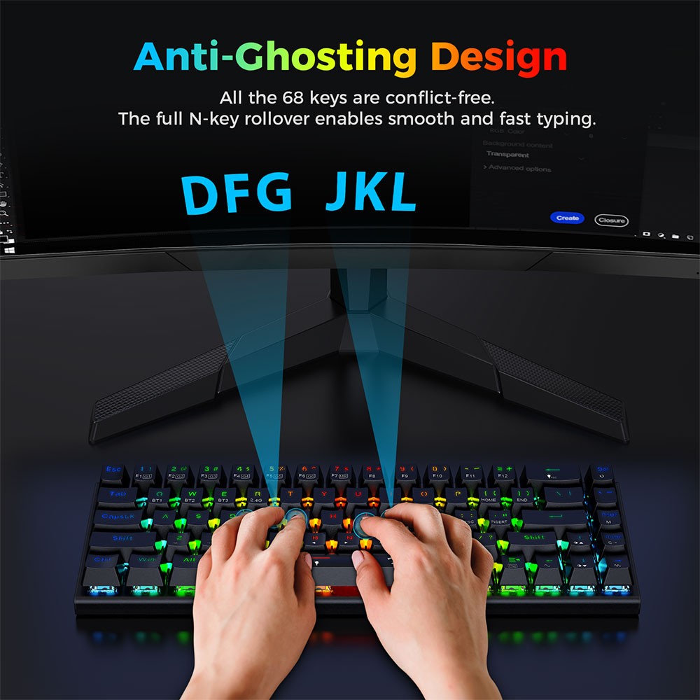 Redragon K633RGB-PRO Ryze Pro 68 Key Bluetooth/2.4Ghz/Wired Tri-Mode Mechanical Keyboard RGB Backlight Red Switch - Black