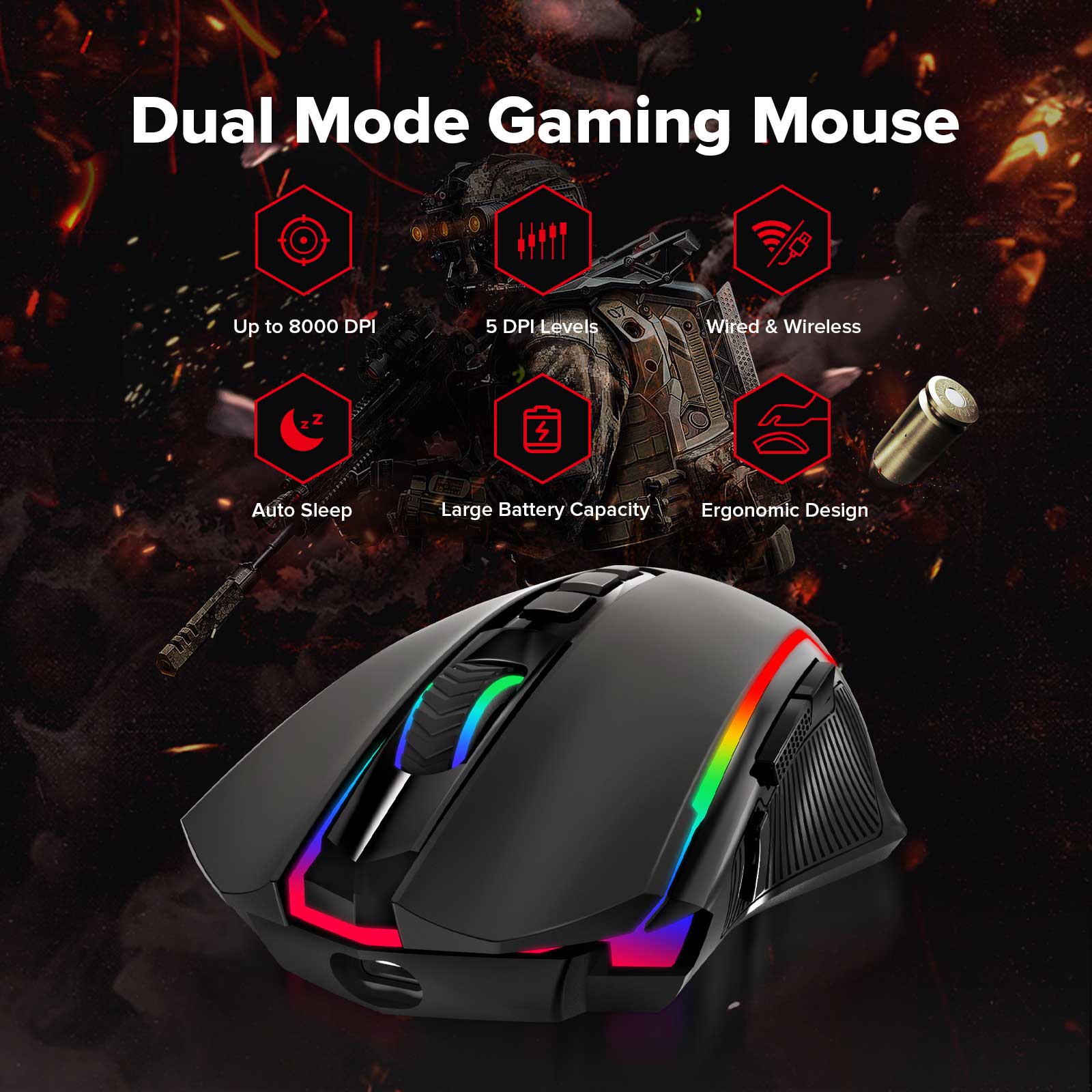 Refurbished Redragon M910-KS RANGER LITE RGB 2.4G Wireless/Wired Double Modes Gaming Mouse 8000 DPI with Rapid Fire Buttons - Black