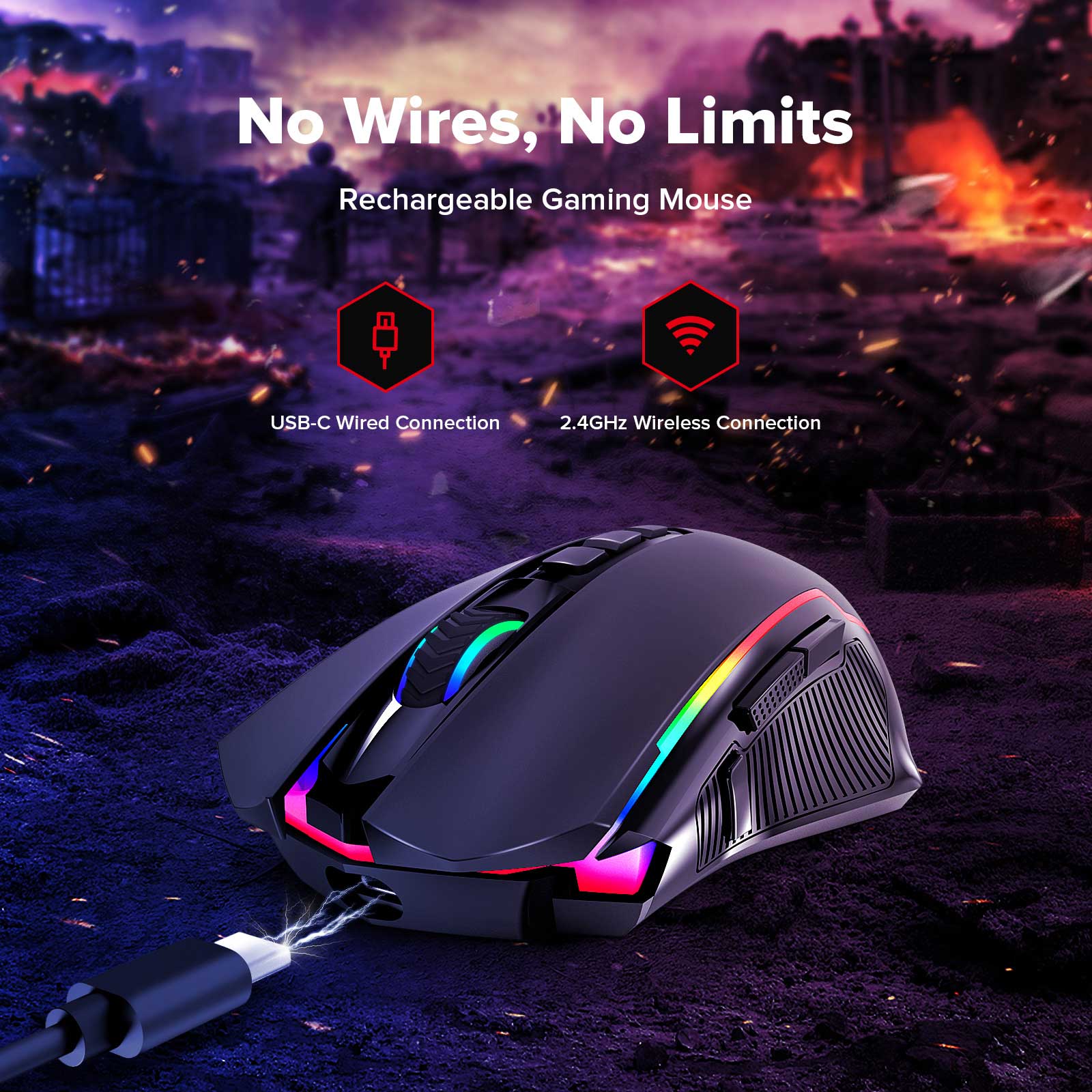 Refurbished Redragon M910-KS RANGER LITE RGB 2.4G Wireless/Wired Double Modes Gaming Mouse 8000 DPI with Rapid Fire Buttons - Black