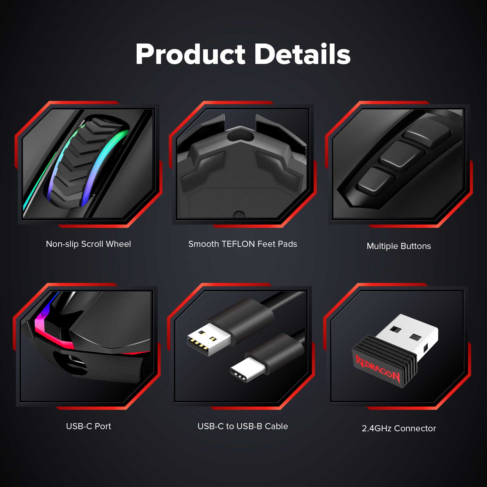 Refurbished Redragon M910-KS RANGER LITE RGB 2.4G Wireless/Wired Double Modes Gaming Mouse 8000 DPI with Rapid Fire Buttons - Black