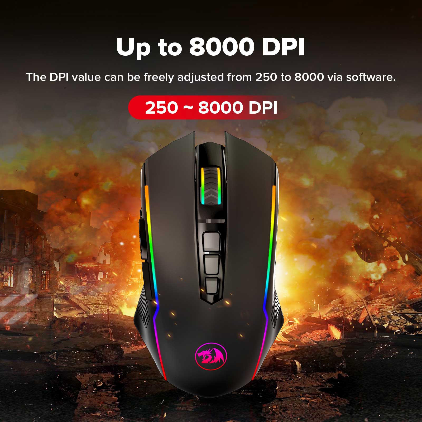 Refurbished Redragon M910-KS RANGER LITE RGB 2.4G Wireless/Wired Double Modes Gaming Mouse 8000 DPI with Rapid Fire Buttons - Black