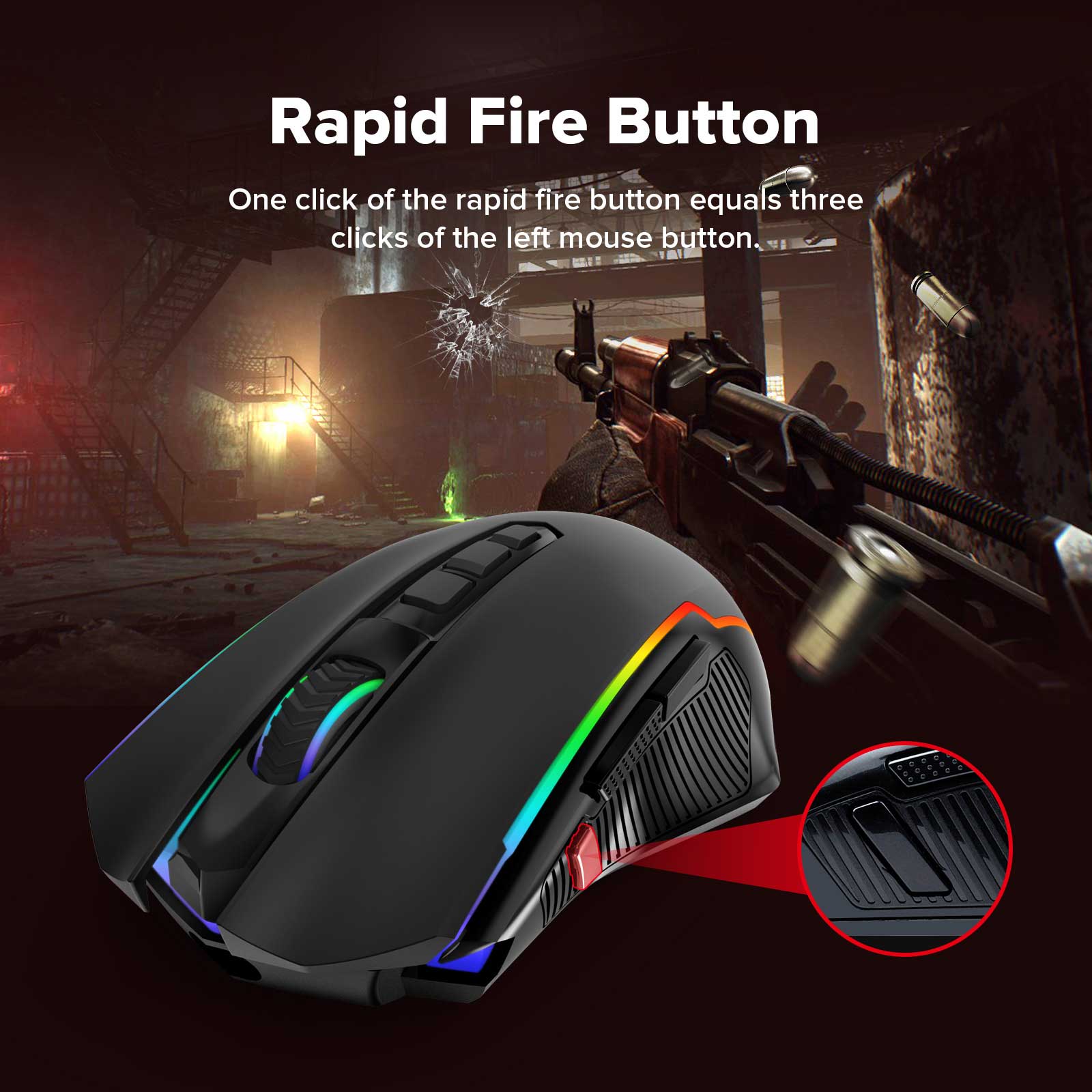 Refurbished Redragon M910-KS RANGER LITE RGB 2.4G Wireless/Wired Double Modes Gaming Mouse 8000 DPI with Rapid Fire Buttons - Black