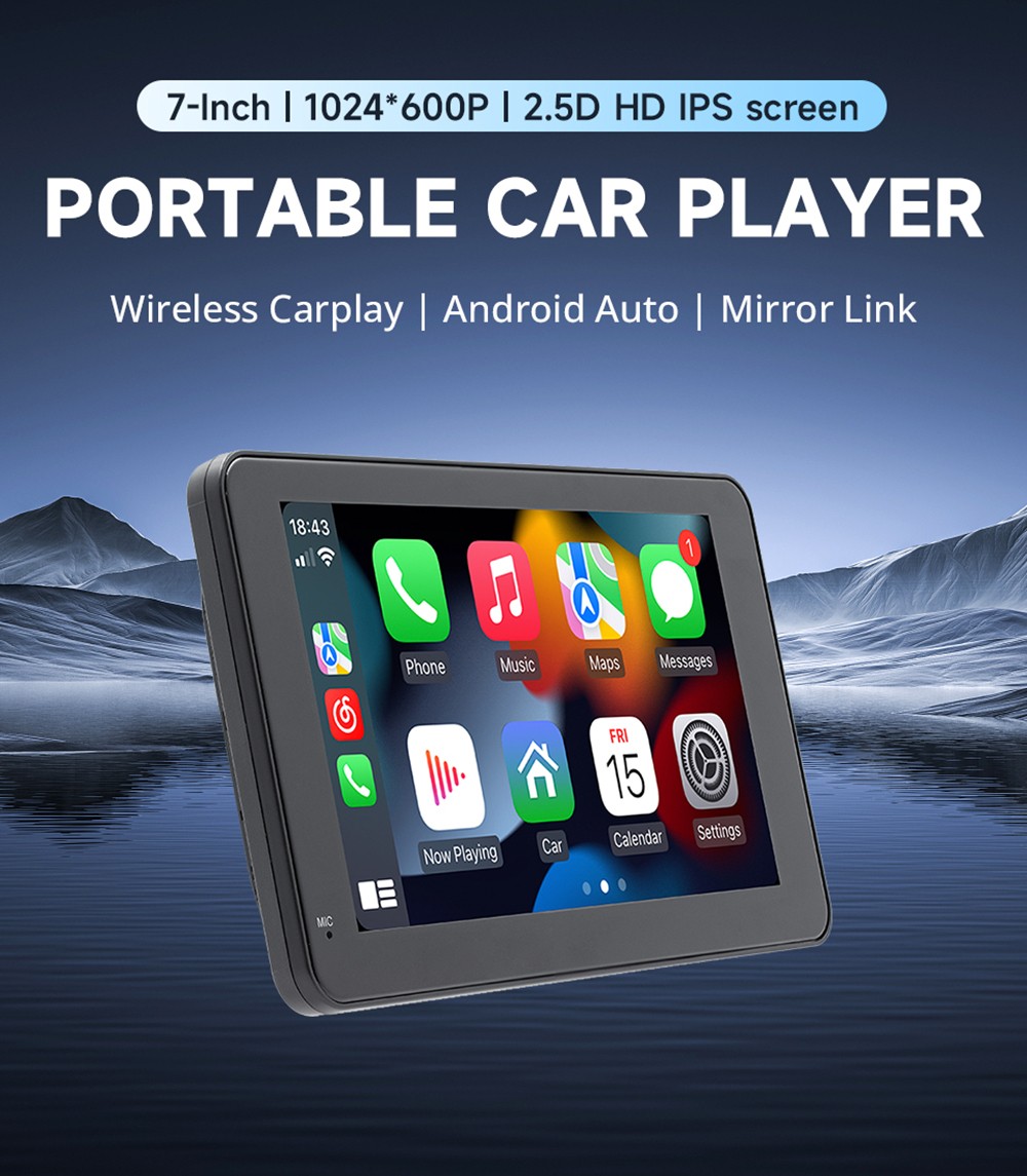 Refurbished SD7293A 7-inch HD CarPlay Screen, with Bracket, 1024*600P, Mirror Link, Bluetooth 5.0, Voice Assistant, Wireless CarPlay/ Android Auto, FM & AUX Signal Transmission, Support TF Card/USB