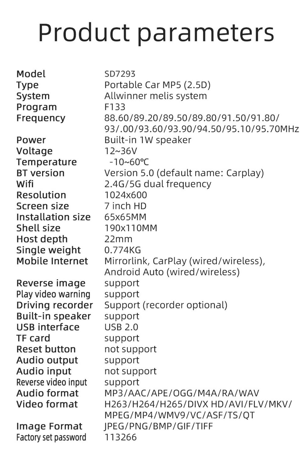Refurbished SD7293A 7-inch HD CarPlay Screen, with Bracket, 1024*600P, Mirror Link, Bluetooth 5.0, Voice Assistant, Wireless CarPlay/ Android Auto, FM & AUX Signal Transmission, Support TF Card/USB
