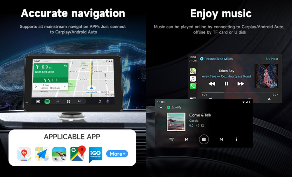 Refurbished SD7293A 7-inch HD CarPlay Screen, with Bracket, 1024*600P, Mirror Link, Bluetooth 5.0, Voice Assistant, Wireless CarPlay/ Android Auto, FM & AUX Signal Transmission, Support TF Card/USB