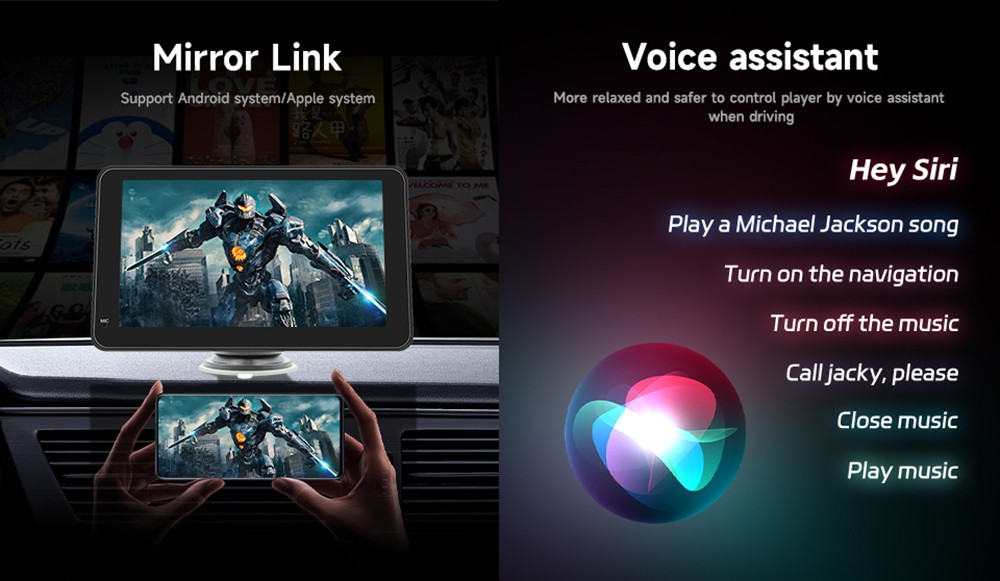 Refurbished SD7293A 7-inch HD CarPlay Screen, with Bracket, 1024*600P, Mirror Link, Bluetooth 5.0, Voice Assistant, Wireless CarPlay/ Android Auto, FM & AUX Signal Transmission, Support TF Card/USB
