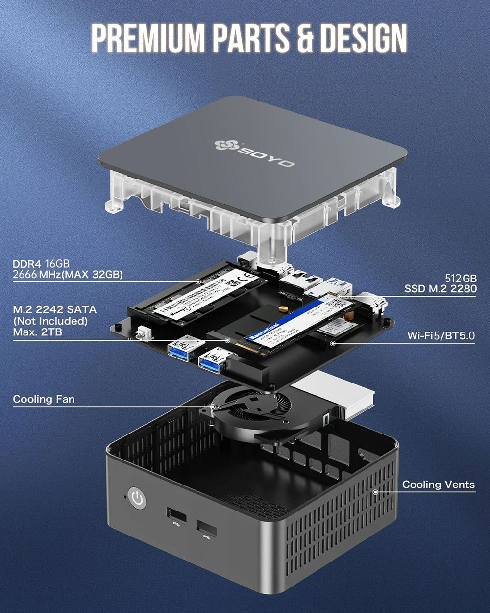 SOYO M2 Plus2 Mini PC, processeur Intel 12e g&eacute;n&eacute;ration Alder Lake N100 jusqu'&agrave; 3,4 GHz, 16 Go DDR4 512 Go SATA M.2 2280 SSD, double &eacute;cran 4K &agrave; 60 Hz, HDMI, WiFi 5 et Bluetooth 5.0 Mini ordinateur pour les entreprises, l'&eacute;ducation et le bureau
