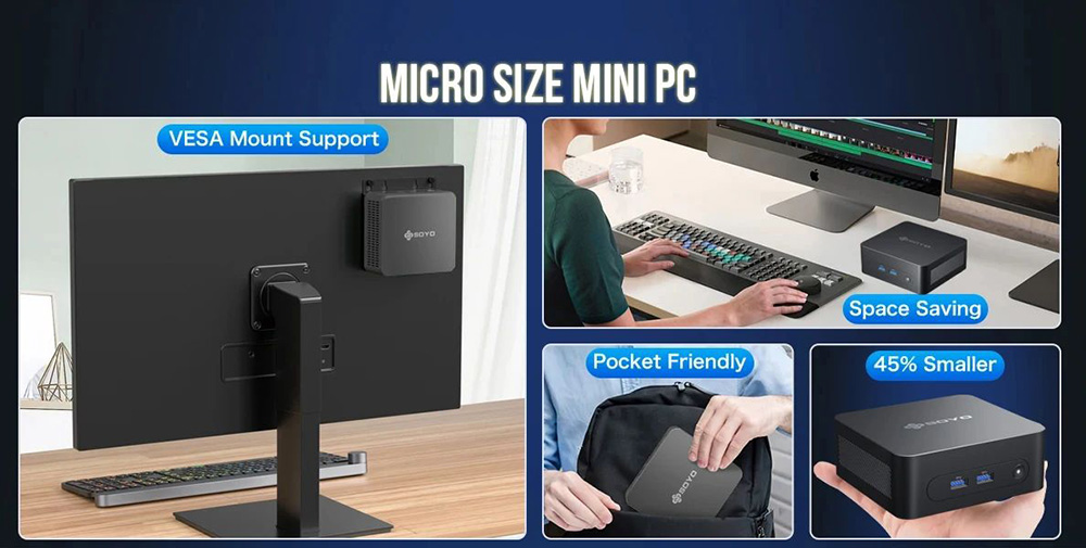 SOYO M2 Plus2 Mini PC, processeur Intel 12e g&eacute;n&eacute;ration Alder Lake N100 jusqu'&agrave; 3,4 GHz, 16 Go DDR4 512 Go SATA M.2 2280 SSD, double &eacute;cran 4K &agrave; 60 Hz, HDMI, WiFi 5 et Bluetooth 5.0 Mini ordinateur pour les entreprises, l'&eacute;ducation et le bureau