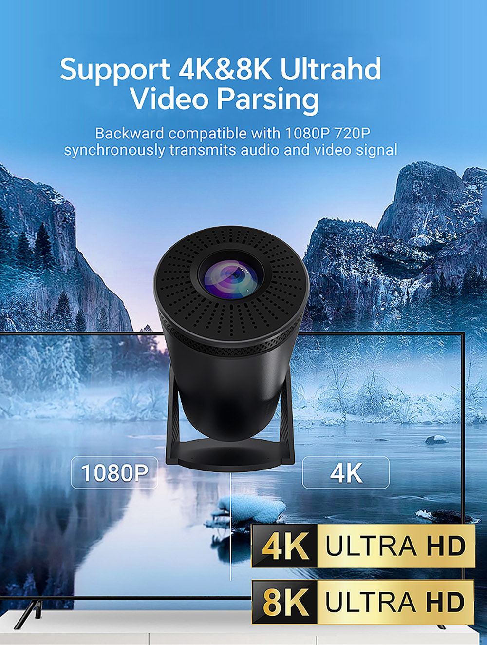 T8 Pro Projector, Ultra Fast Wireless Connection, Bluetooth5.0 4K 8K HD Android 12 WiFi, Silver - EU Plug
