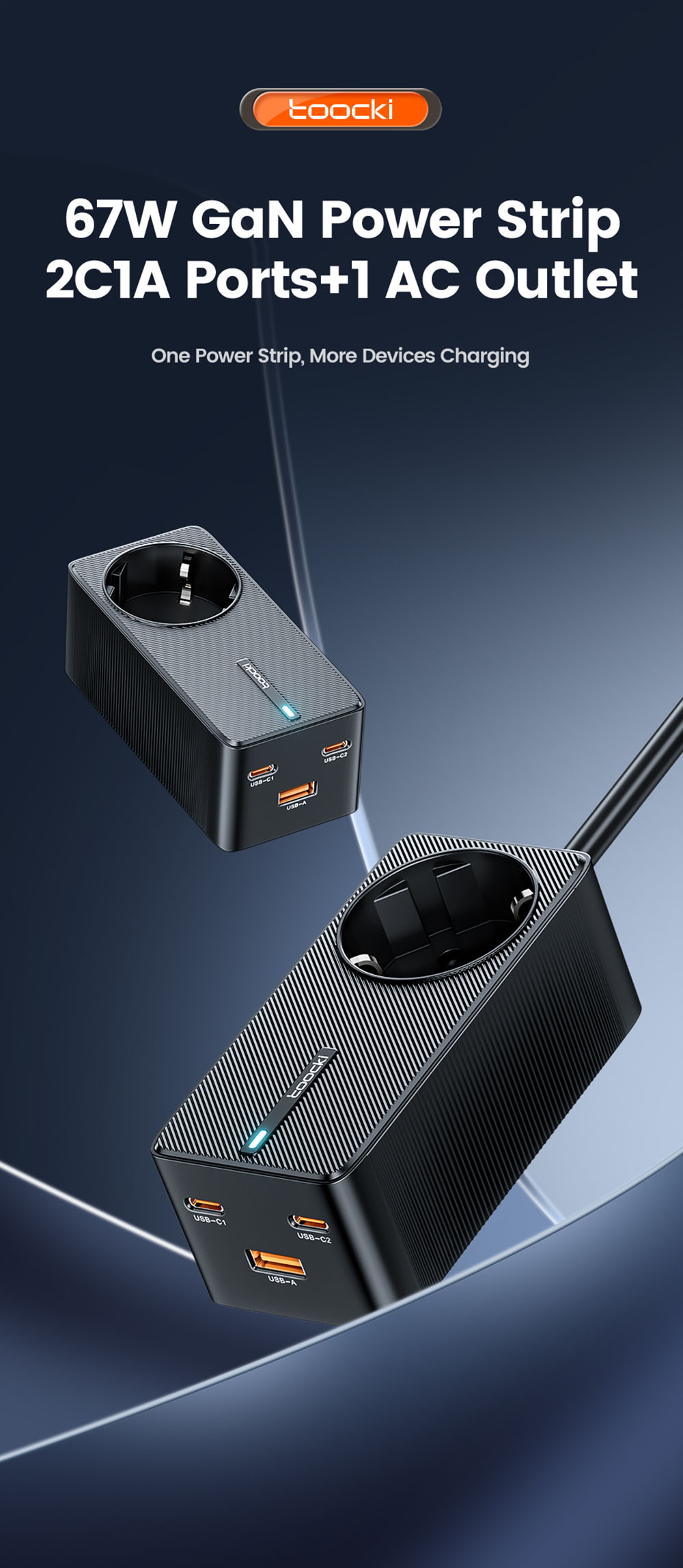 Toocki TCT2C67-JRB01 67W GaN Charger, Triple Port (Dual USB-C 67W + USB-A 22.5W) with PD 3.0 & Safety Protections