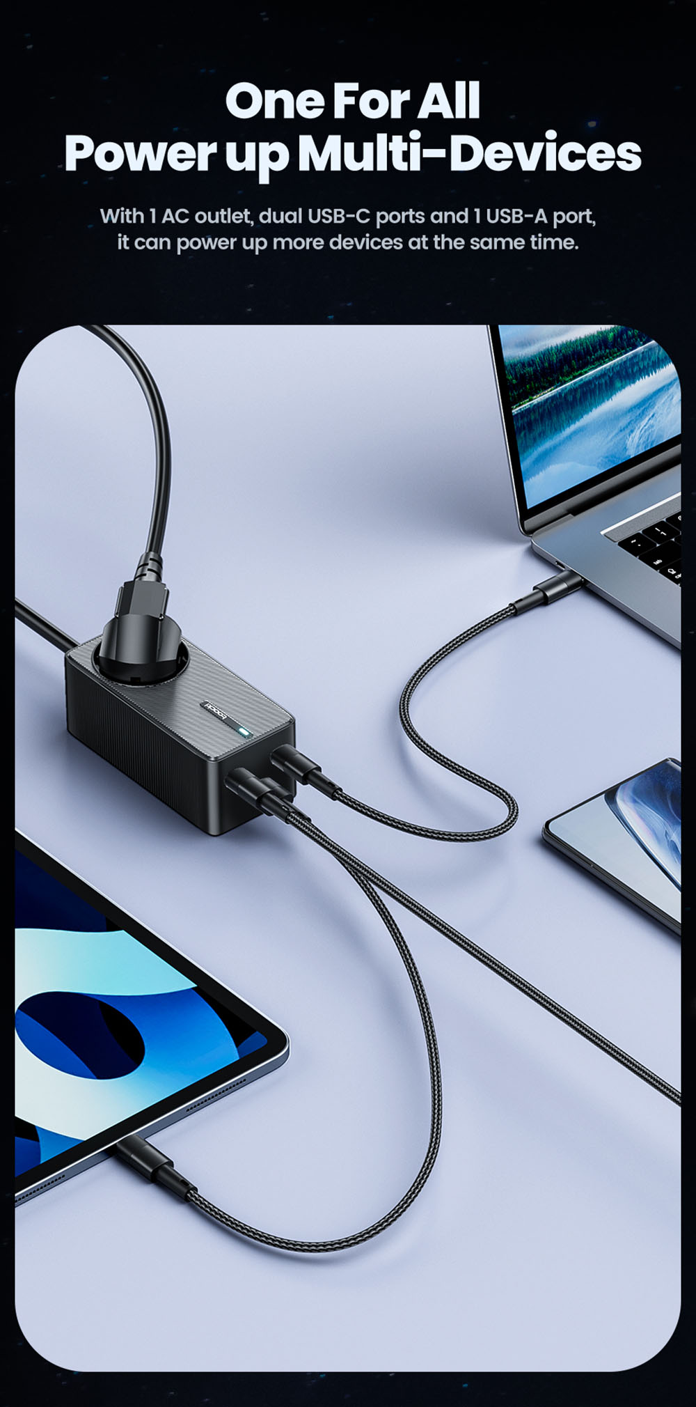 Toocki TCT2C67-JRB01 67W GaN Charger, Triple Port (Dual USB-C 67W + USB-A 22.5W) with PD 3.0 & Safety Protections