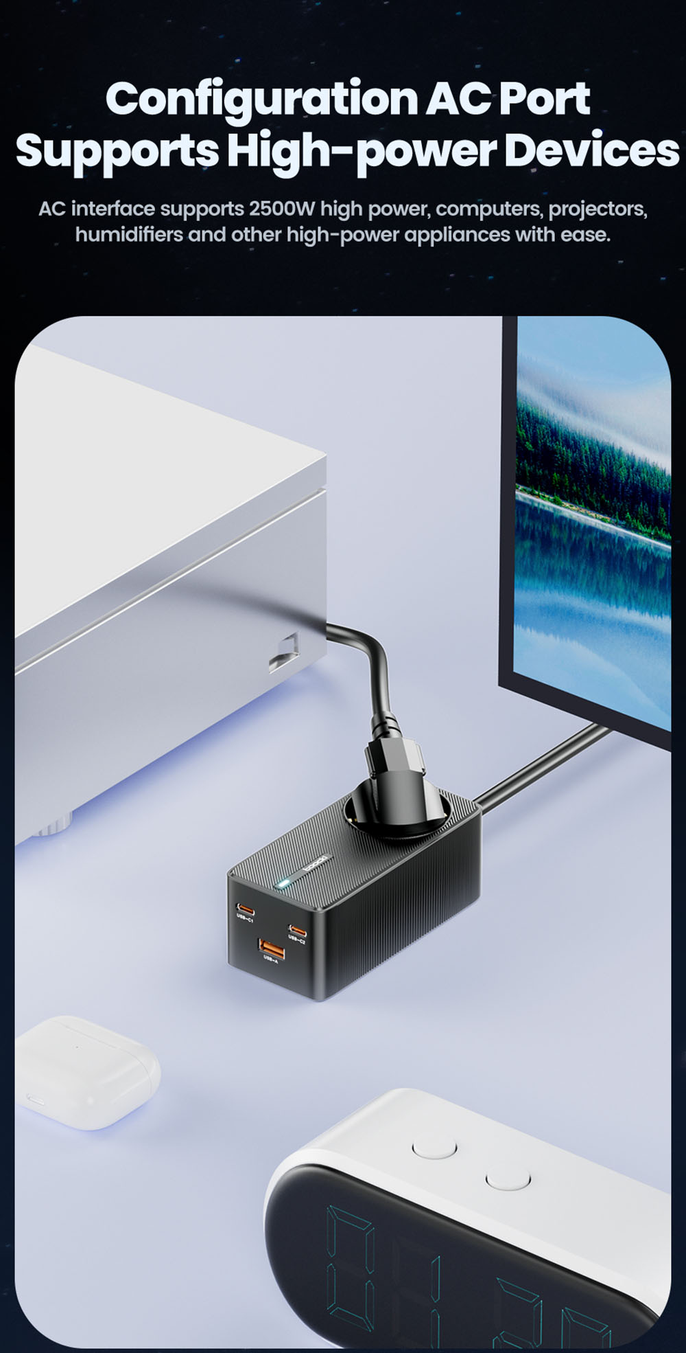 Toocki TCT2C67-JRB01 67W GaN Charger, Triple Port (Dual USB-C 67W + USB-A 22.5W) with PD 3.0 & Safety Protections