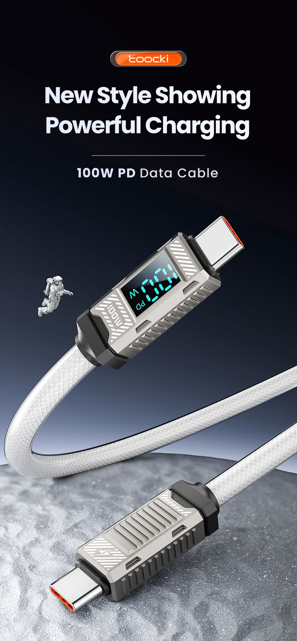 Toocki TXCTT1-ZFZA01 100W Fast Charging Cable, LED Display, Braided Zinc Alloy, 480Mbps Data Transfer, White - 2m
