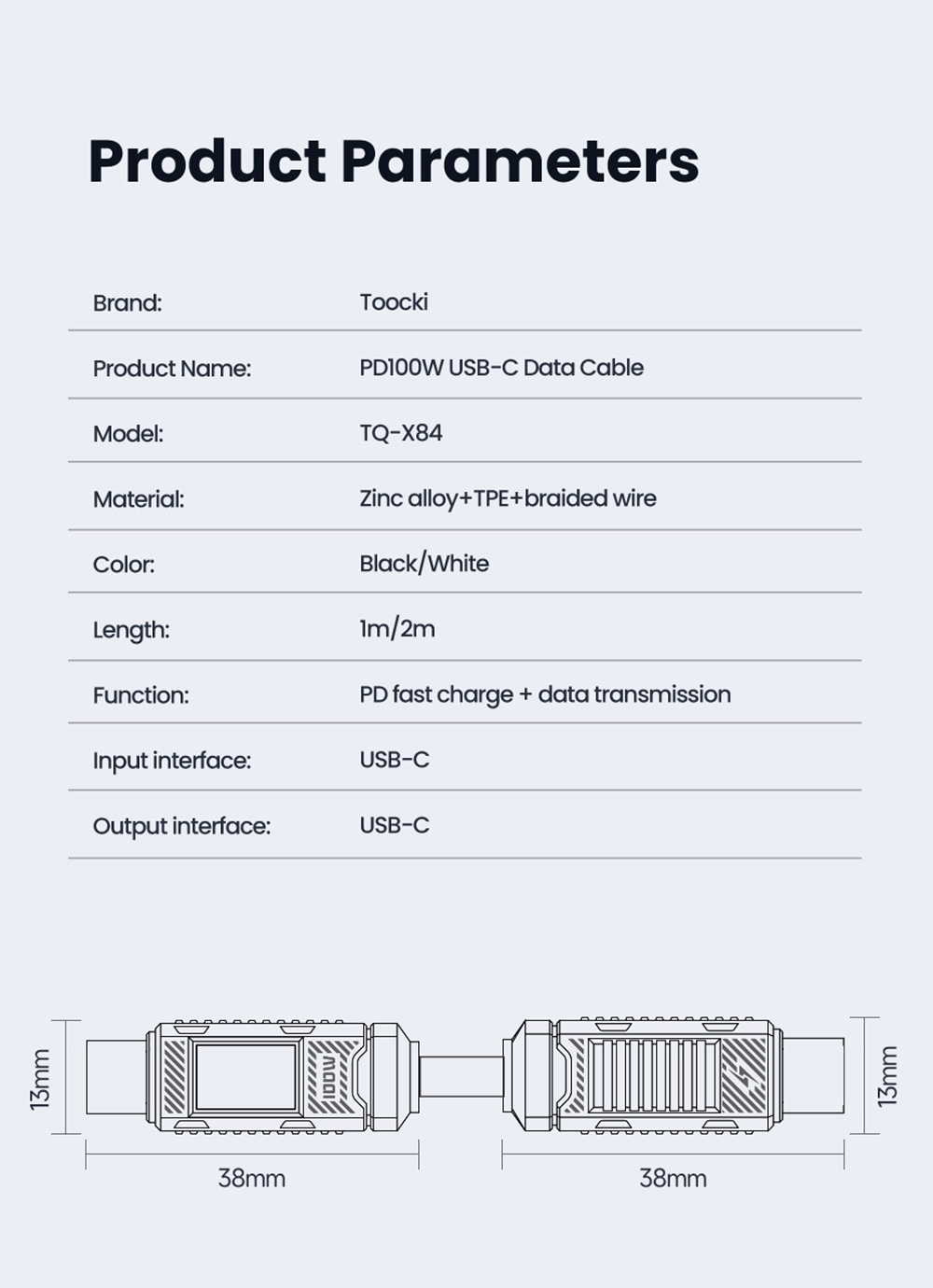 Toocki TXCTT1-ZFZA01 100W Fast Charging Cable, LED Display, Braided Zinc Alloy, 480Mbps Data Transfer, White - 2m