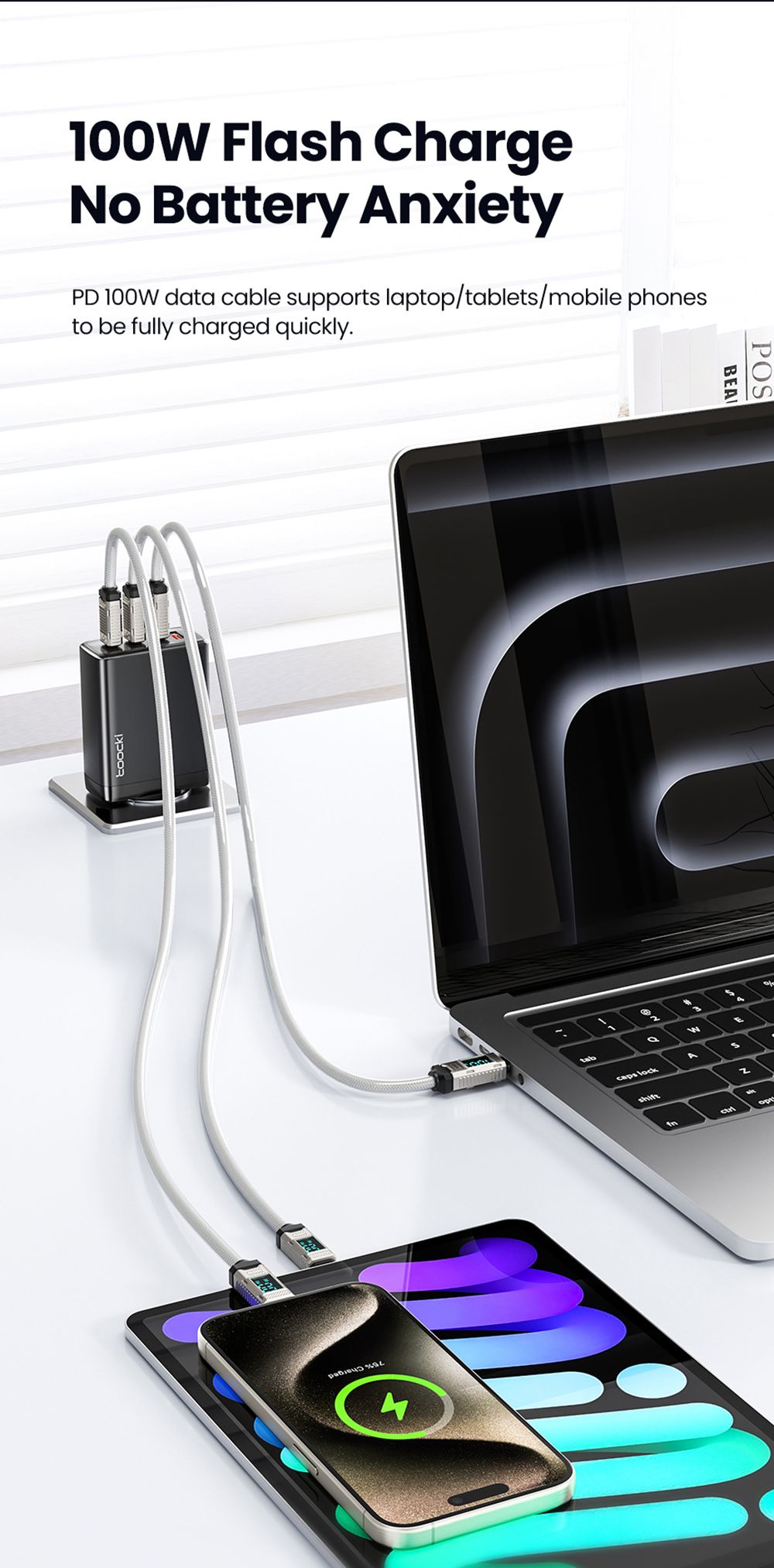 Toocki TXCTT1-ZFZA01 100W Fast Charging Cable, LED Display, Braided Zinc Alloy, 480Mbps Data Transfer, White - 2m