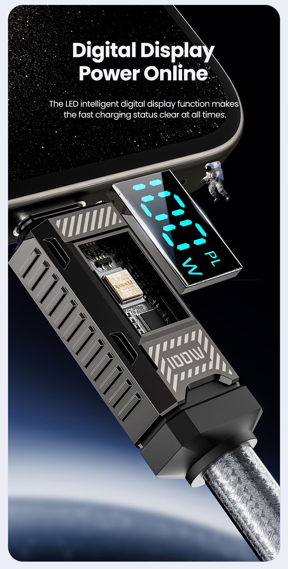 Toocki TXCTT1-ZFZA01 100W Fast Charging Cable, LED Display, Braided Zinc Alloy, 480Mbps Data Transfer, White - 2m