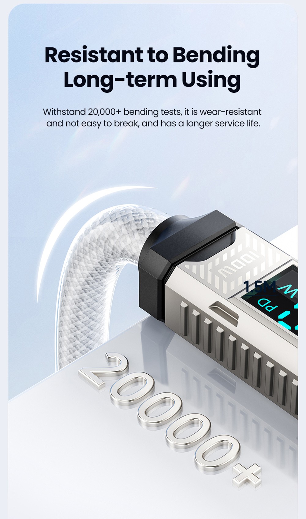 Toocki TXCTT1-ZFZA01 100W Fast Charging Cable, LED Display, Braided Zinc Alloy, 480Mbps Data Transfer, White - 2m