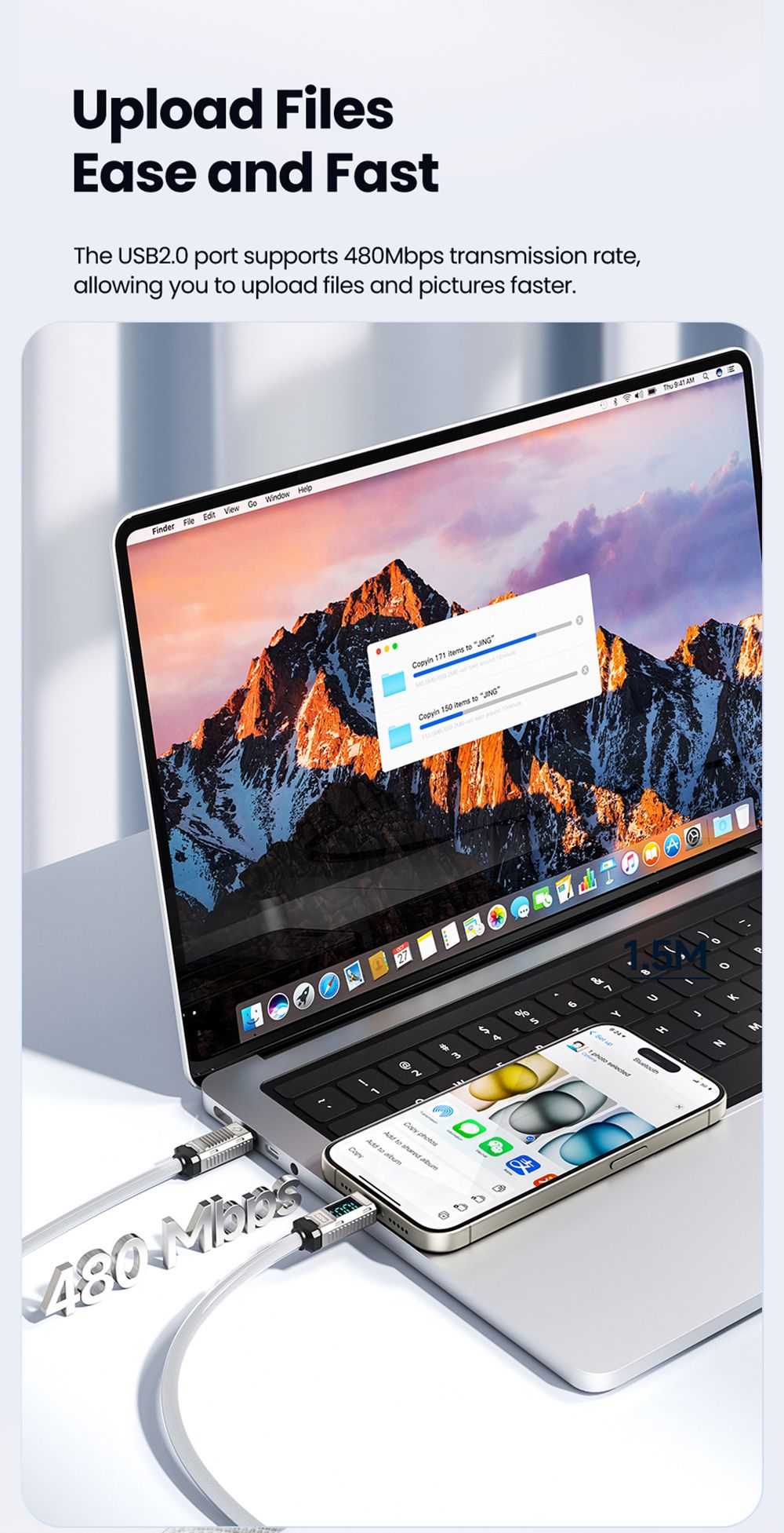 Toocki TXCTT1-ZFZA01 100W Fast Charging Cable, LED Display, Braided Zinc Alloy, 480Mbps Data Transfer, White - 2m