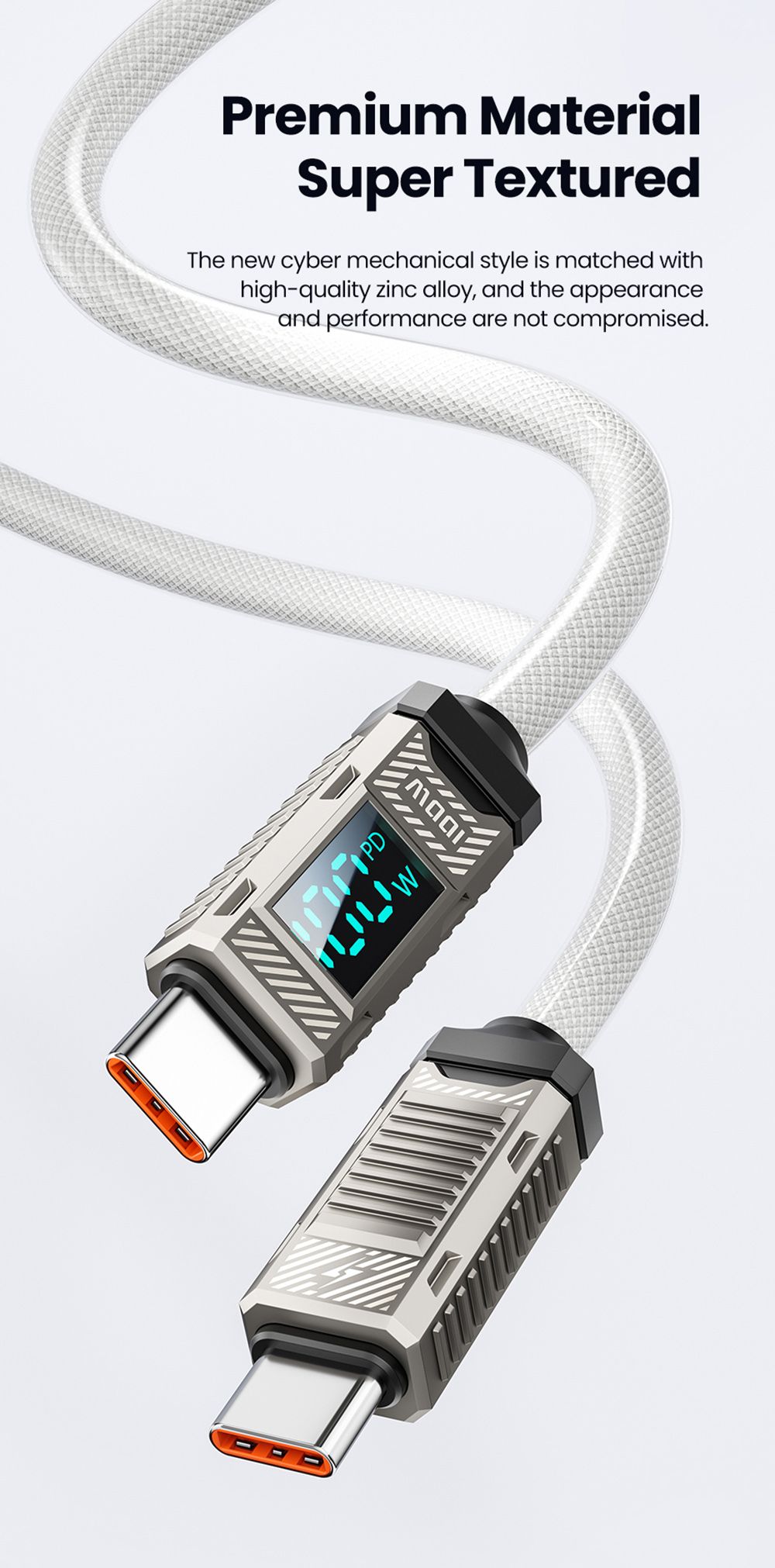 Toocki TXCTT1-ZFZA01 100W Fast Charging Cable, LED Display, Braided Zinc Alloy, 480Mbps Data Transfer, White - 2m