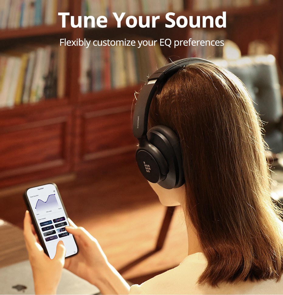 Refurbished Tronsmart SOUNFII Q20S Hybrid ANC Headphones, Bluetooth 5.3, Hybrid Active Noise Cancellation, 60 Hours Playtime, Hi-Res Audio, 90° Swiveling Earpads, Pair with 2 Devices, Tronsmart App Control - Black