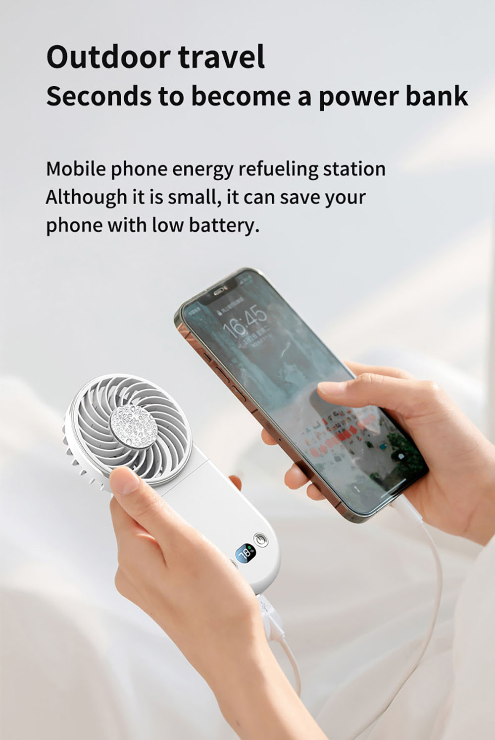 WT20 Portable Handheld Fan, Cooling, 3 Speed Wind, Digital Display, 180&deg; Adjustable, 2000mAh Battery, USB Rechargeable, Power Bank & Phone Stand, Black