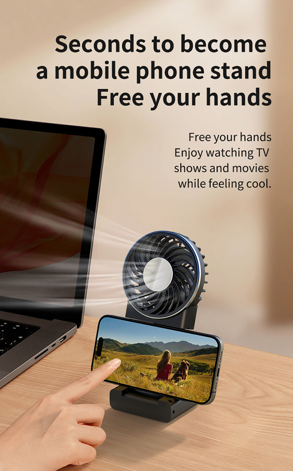 WT20 Portable Handheld Fan, Cooling, 3 Speed Wind, Digital Display, 180&deg; Adjustable, 2000mAh Battery, USB Rechargeable, Power Bank & Phone Stand, Black