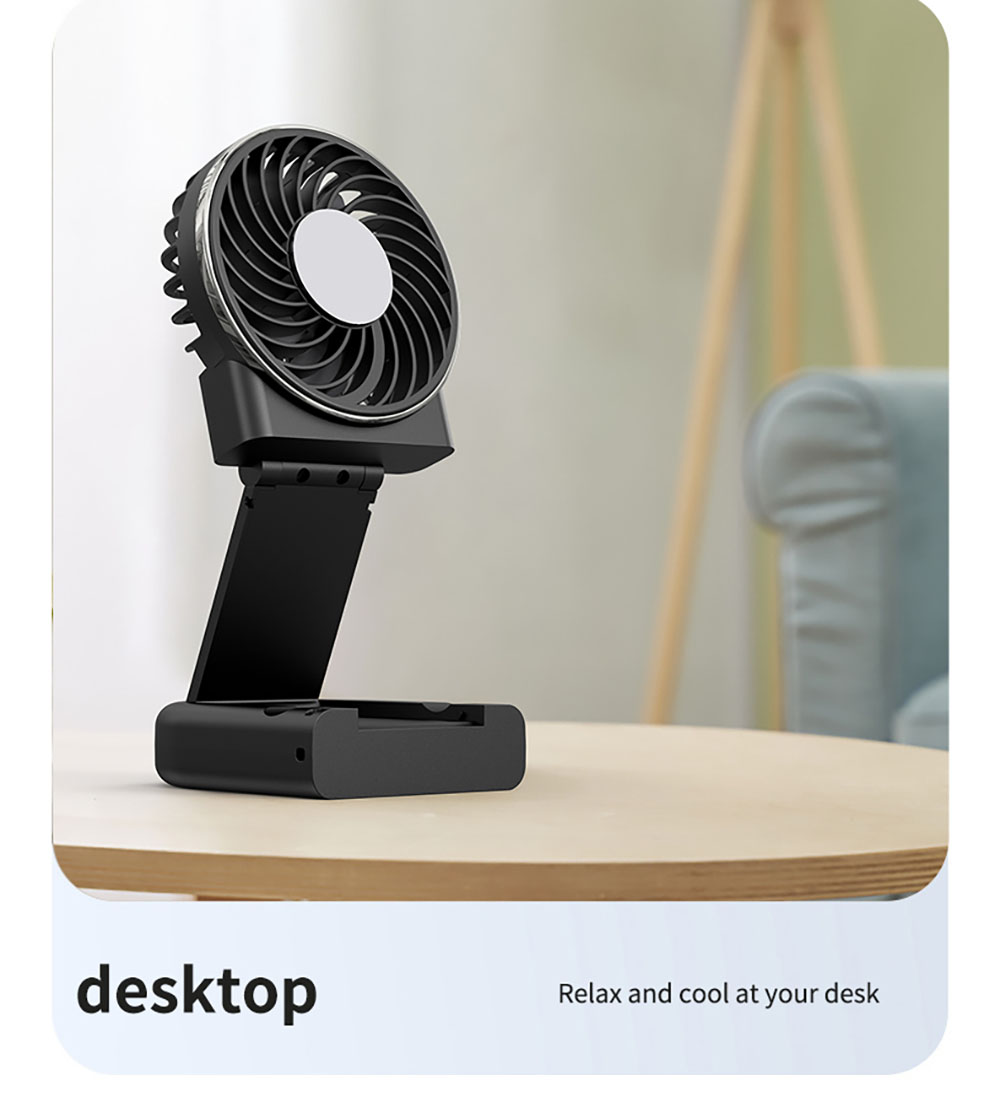 WT20 Portable Handheld Fan, Cooling, 3 Speed Wind, Digital Display, 180&deg; Adjustable, 2000mAh Battery, USB Rechargeable, Power Bank & Phone Stand, Black