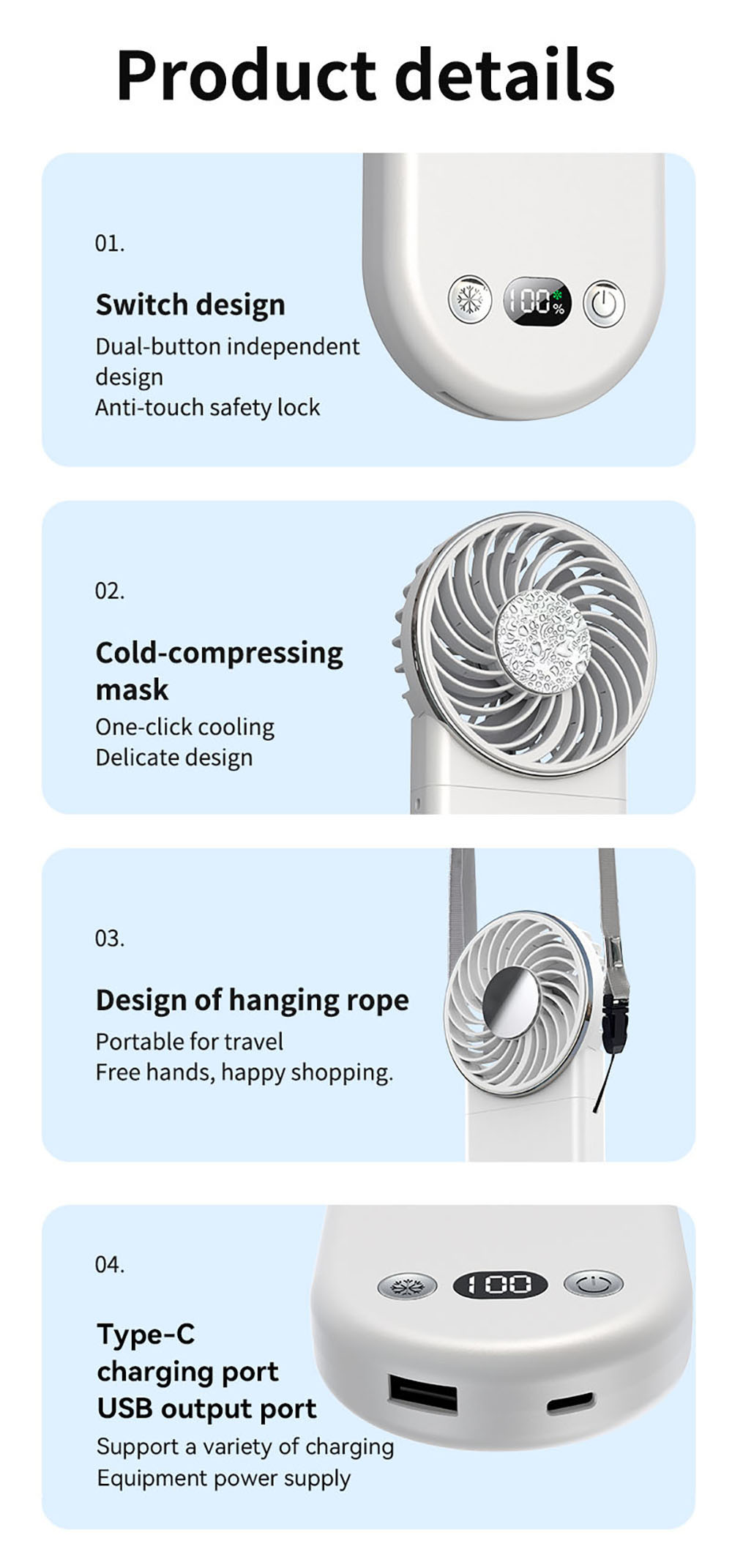 WT20 Portable Handheld Fan, Cooling, 3 Speed Wind, Digital Display, 180&deg; Adjustable, 2000mAh Battery, USB Rechargeable, Power Bank & Phone Stand, Black