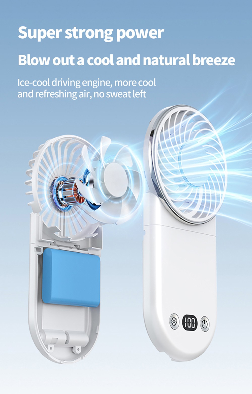 WT20 Portable Handheld Fan, Cooling, 3 Speed Wind, Digital Display, 180&deg; Adjustable, 2000mAh Battery, USB Rechargeable, Power Bank & Phone Stand, Black