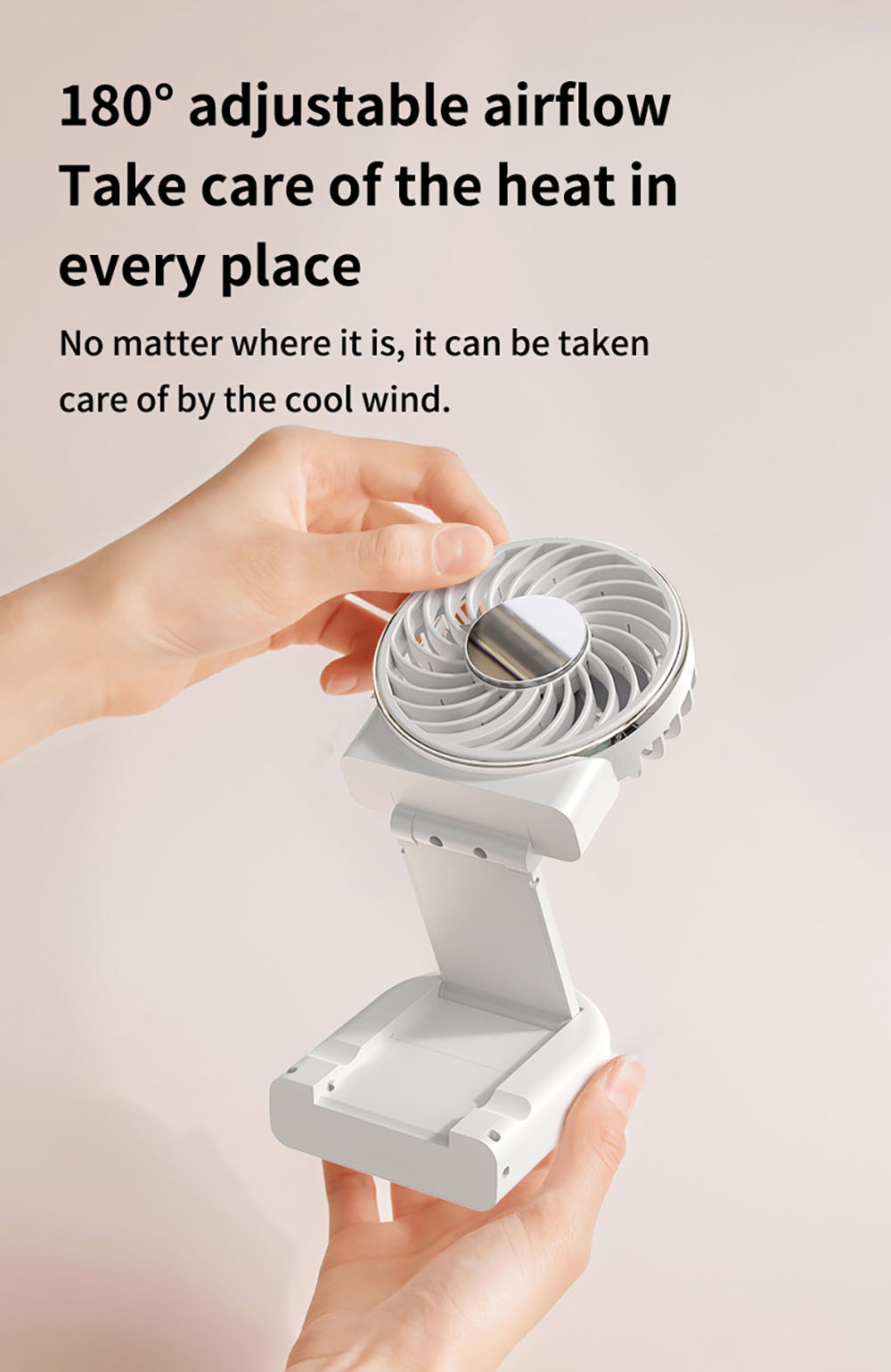 WT20 Portable Handheld Fan, Cooling, 3 Speed Wind, Digital Display, 180&deg; Adjustable, 2000mAh Battery, USB Rechargeable, Power Bank & Phone Stand, Pink