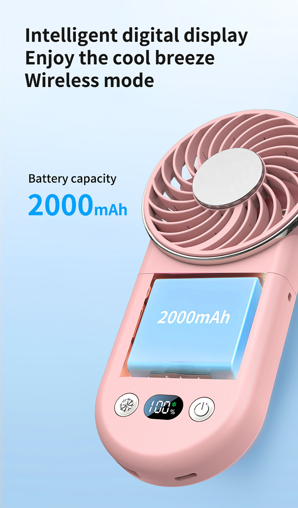 WT20 Portable Handheld Fan, Cooling, 3 Speed Wind, Digital Display, 180&deg; Adjustable, 2000mAh Battery, USB Rechargeable, Power Bank & Phone Stand, Pink
