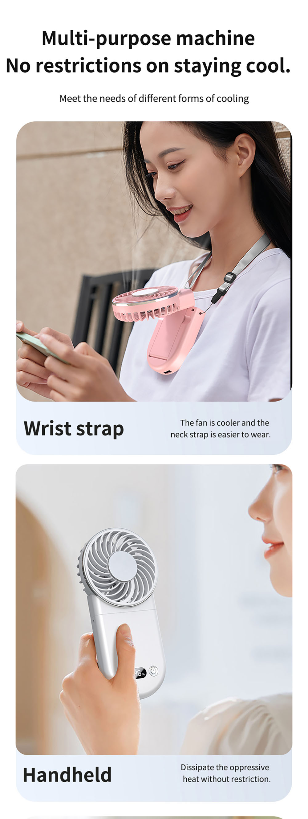 WT20 Portable Handheld Fan, Cooling, 3 Speed Wind, Digital Display, 180&deg; Adjustable, 2000mAh Battery, USB Rechargeable, Power Bank & Phone Stand, Pink